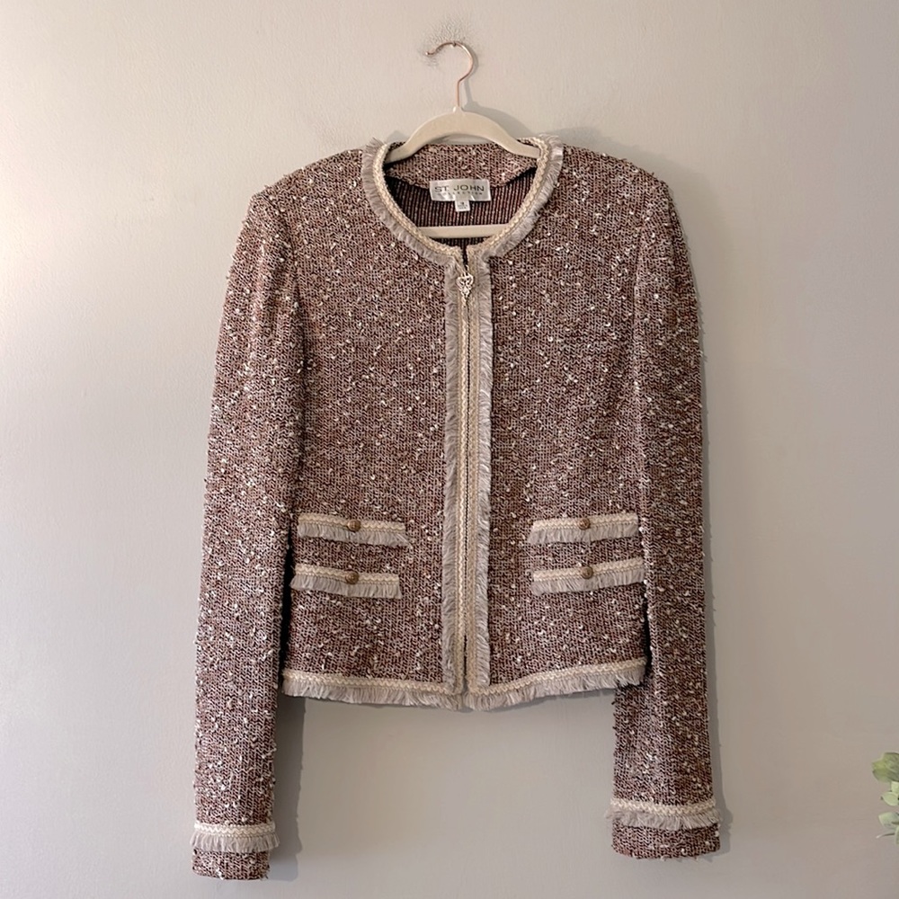 St. John Tweed Jacket Size 12 Multicolor Cream/ Brown/ Pink Vintage Full Zip